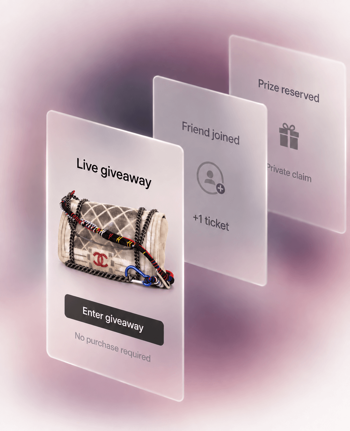 Illustration of a live product giveaway, a bonus ticket for a friend joining, and a reserved prize ready for a private claim.