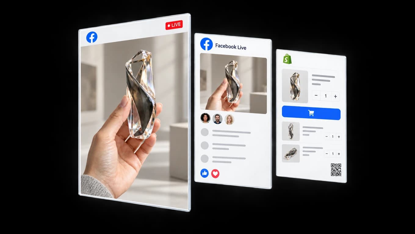 Concept Facebook Live mockup presenting a crystal collectible, with viewer reactions and a Shopify shopping panel.
