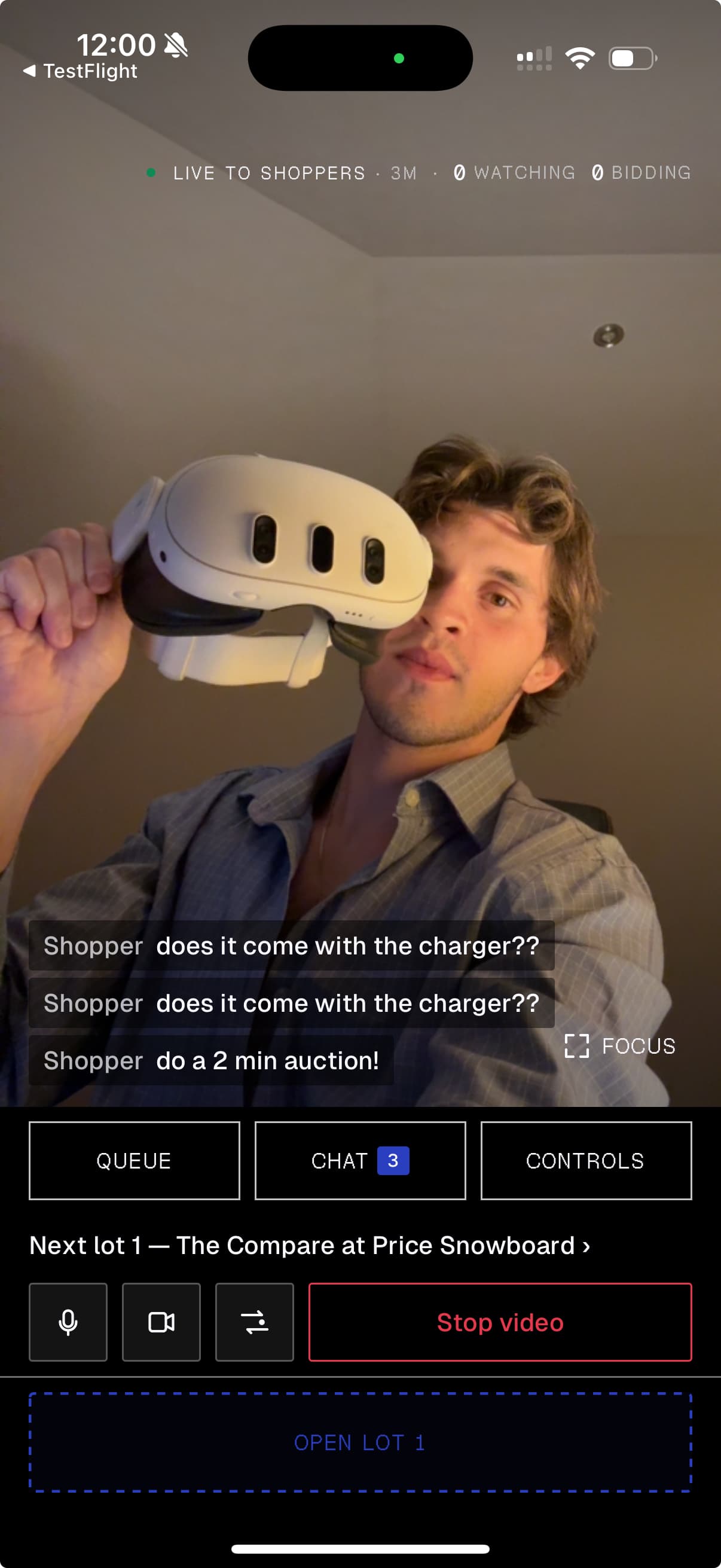 Stores on Live iPhone host screen with camera, chat, queue and product controls.