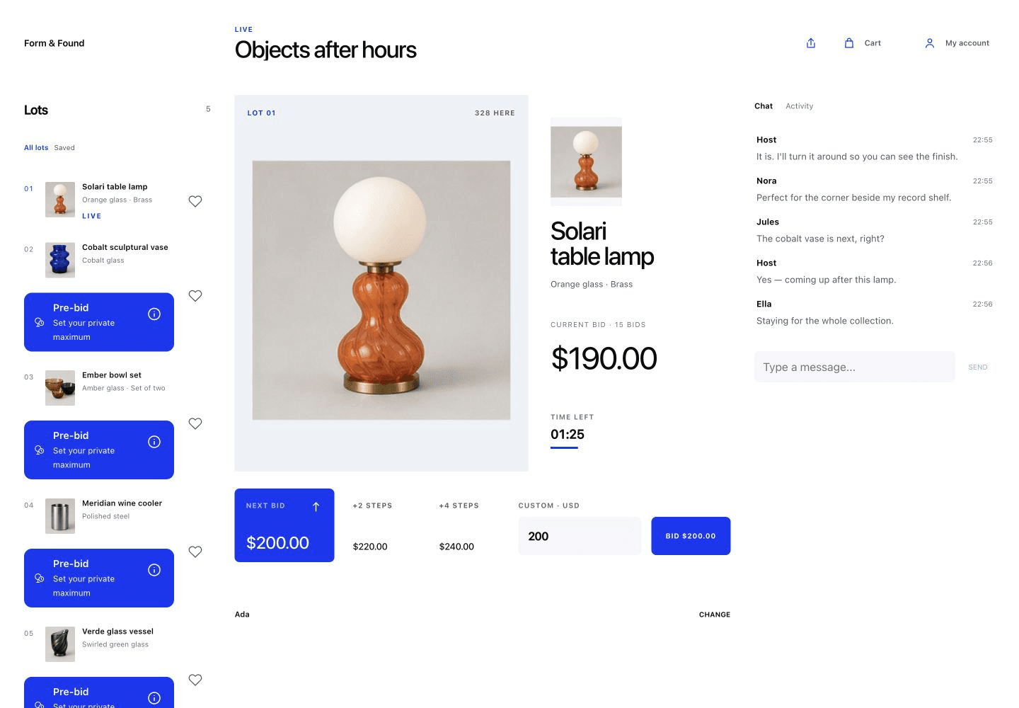 Example event room with video, products, bid controls and chat.