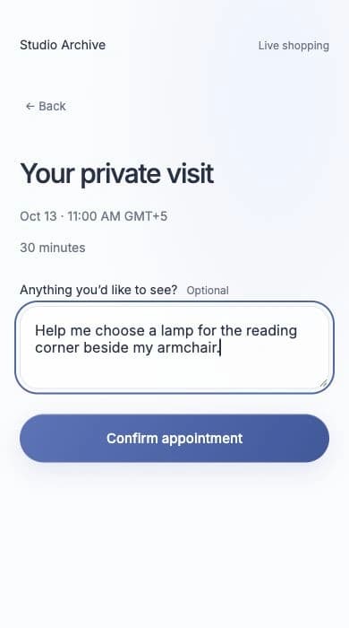 A customer adds a note asking for help choosing a lamp for a reading corner.