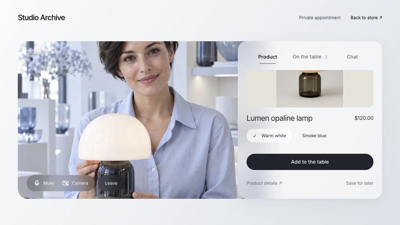 A homeware specialist shows a lamp on video while the customer reviews its price and selects a finish.