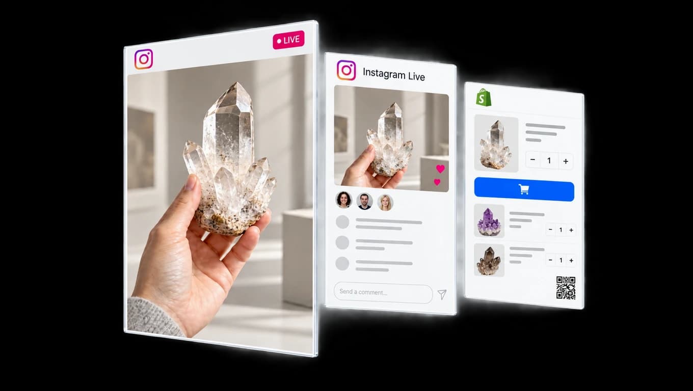 Instagram Live concept showing a seller holding a natural clear quartz cluster, with viewer reactions and matching crystals in a Shopify shopping panel.