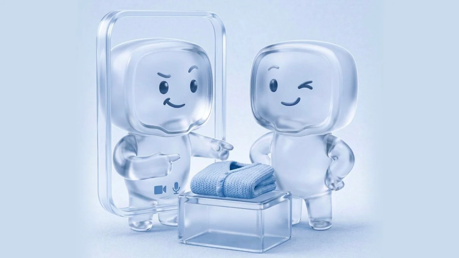 Two smooth-headed icy glass characters choosing a cardigan together, with the specialist inside an upright video-call window.
